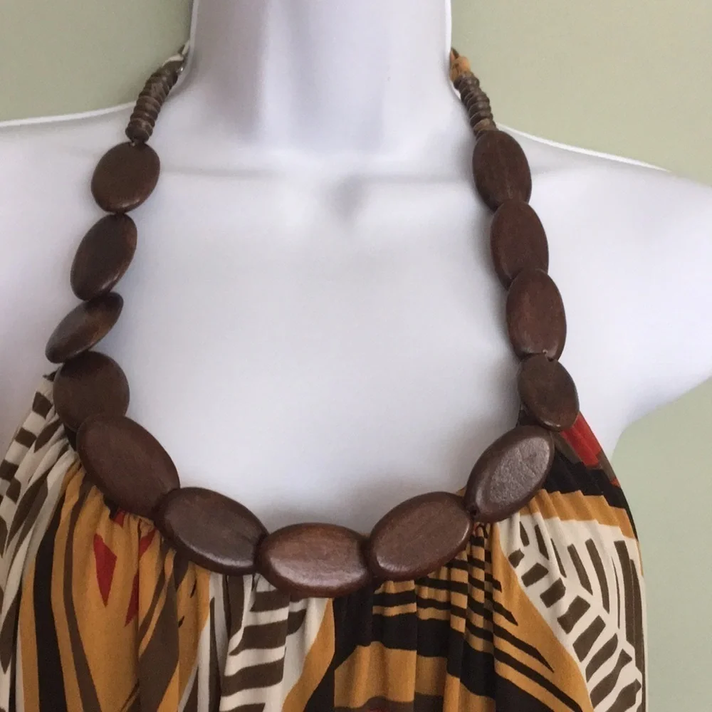 Apt 9 Wooden Beaded Halter Mini Dress Size M  Flowy Tropical Print Fall Color - Picture 2 of 8